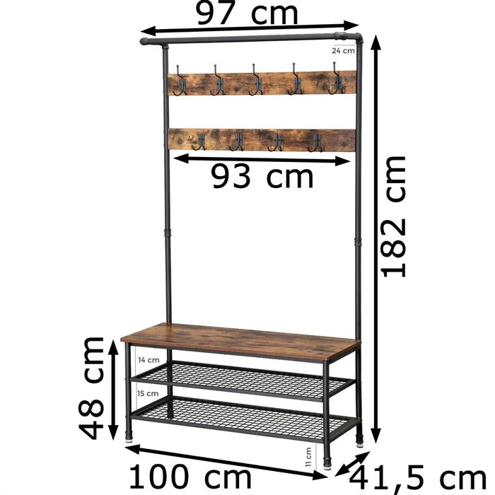 Vasagle Garderobenständer HSR47BX, Vintage, Mit 23 Haken, Metall / Holz, Schwarz / Braun 4 Vasagle Garderobenständer HSR47BX, Vintage, Mit 23 Haken, Metall / Holz, Schwarz / Braun – Bild 2